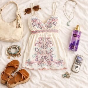 Y2K Heart & Soul, White Babydoll Embroidered Tank, M, Boho